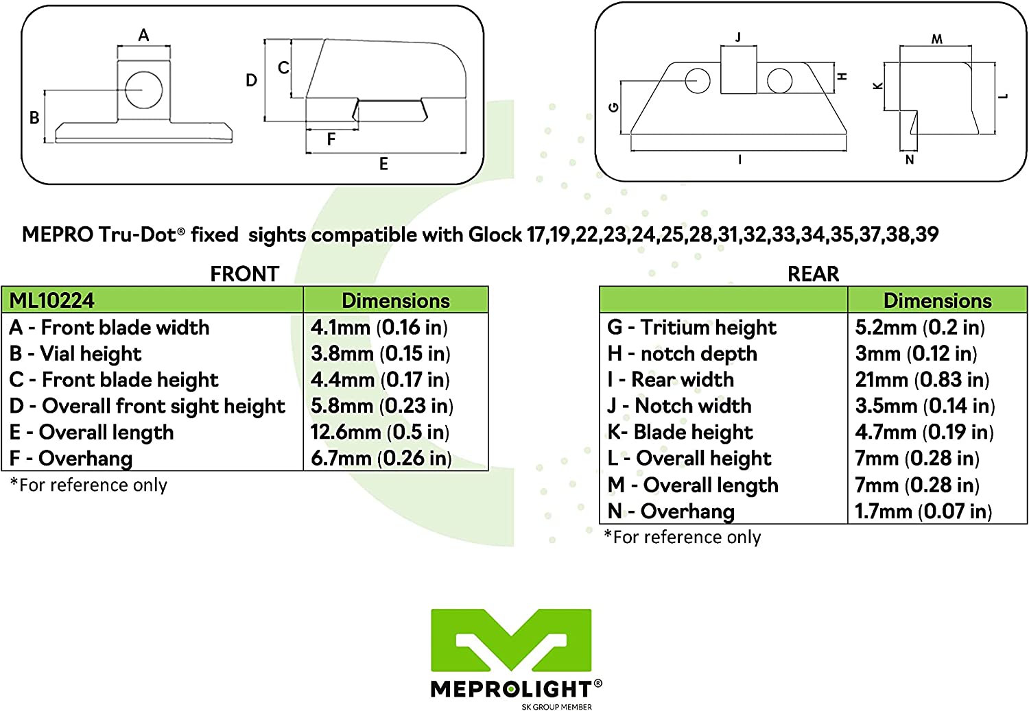 Sight chart for the Glock 17, 19
