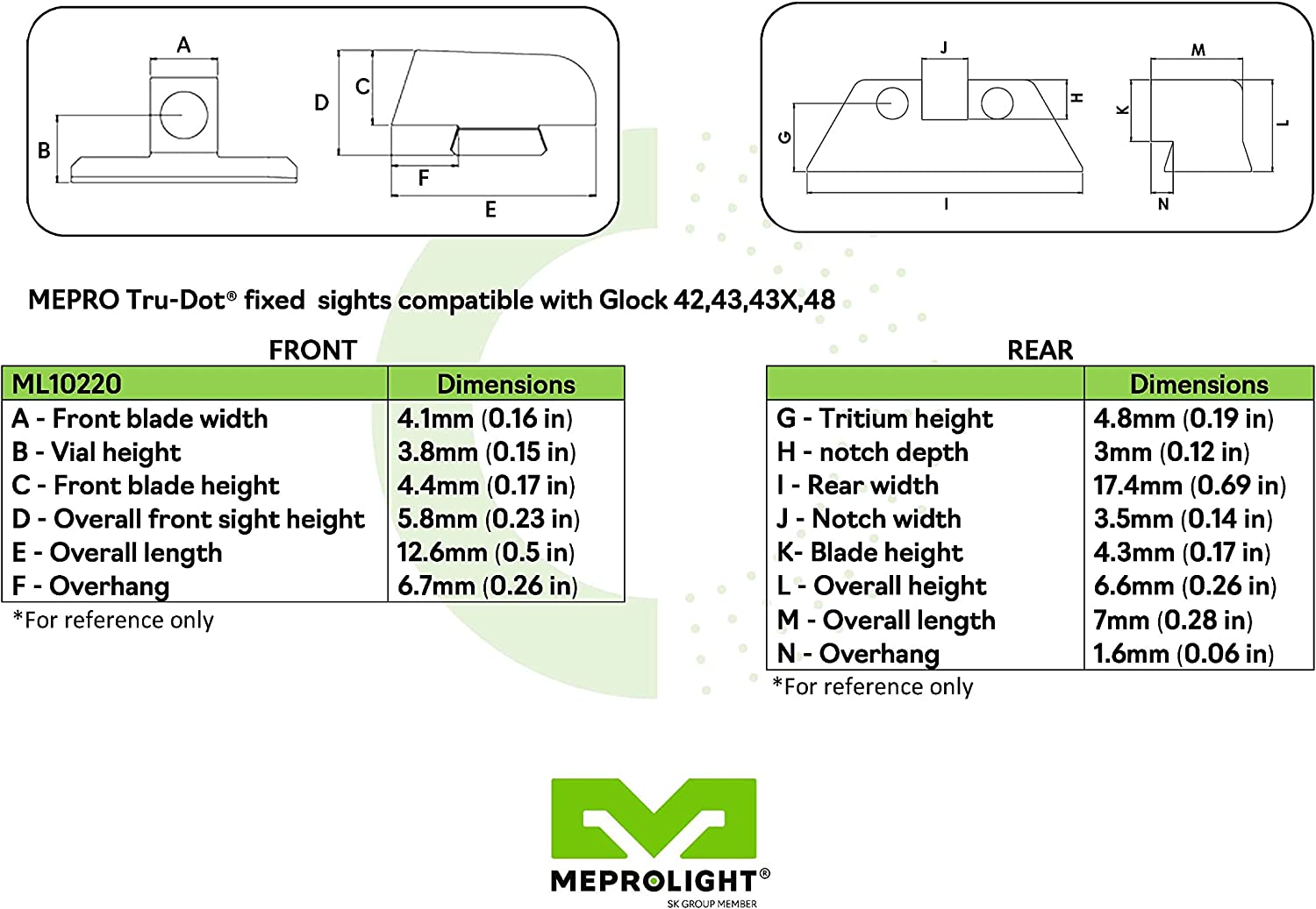 Sight chart for the Glock 42, 43, 43X, 48