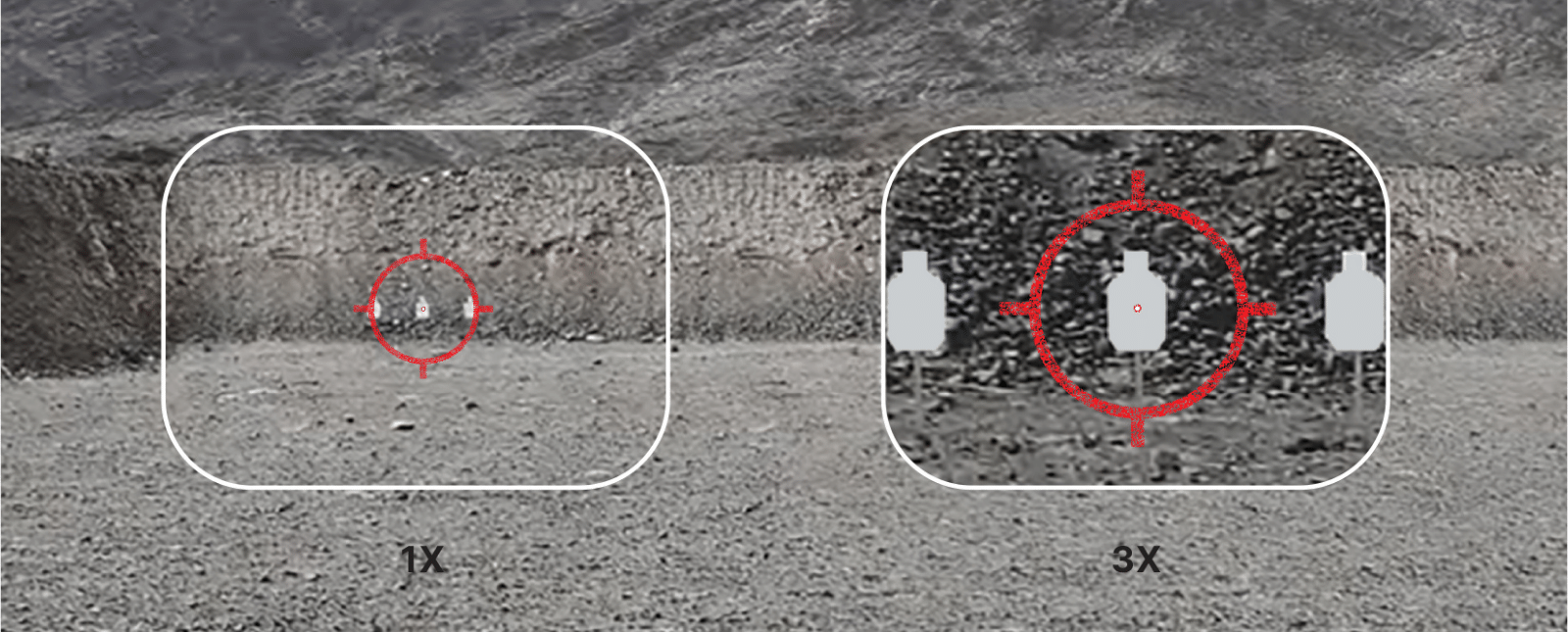 1 view of a target unmagnified and 1 view magnified 3x with the G43