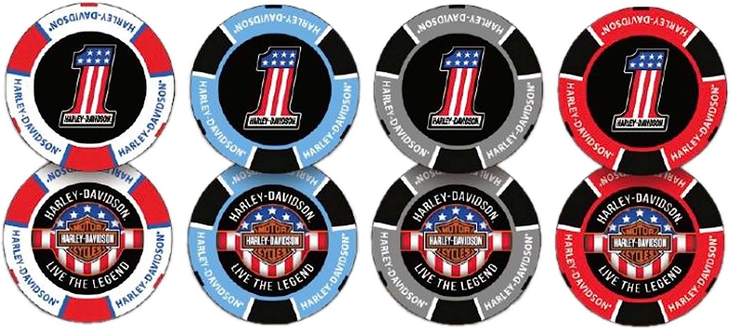 #1/Bar and Shield Harley Davidson poker chips in red, white, blue and gray.