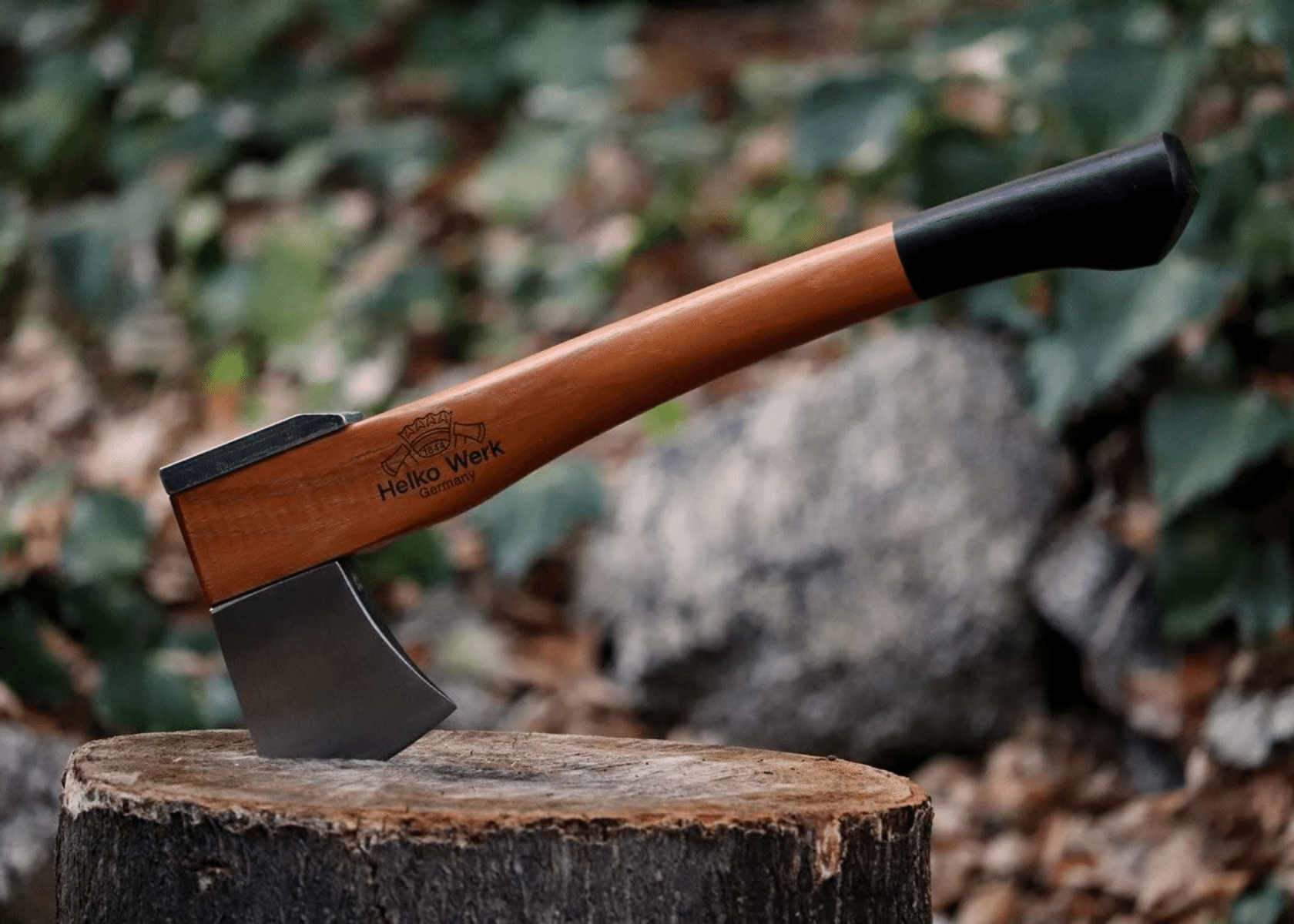 A beautiful Helko Werk Camp Axe stuck into a stump in the woods