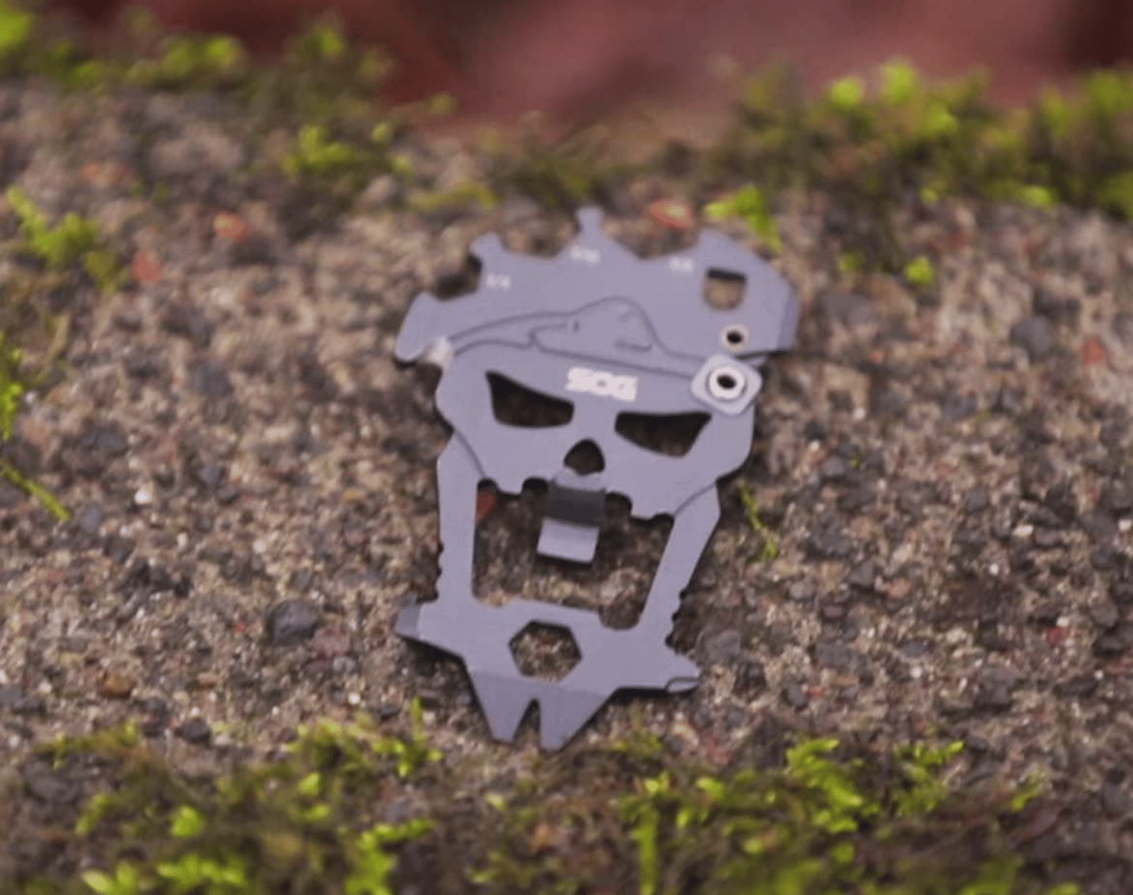 A SOG keychain multi-tool laying on a mossy rock