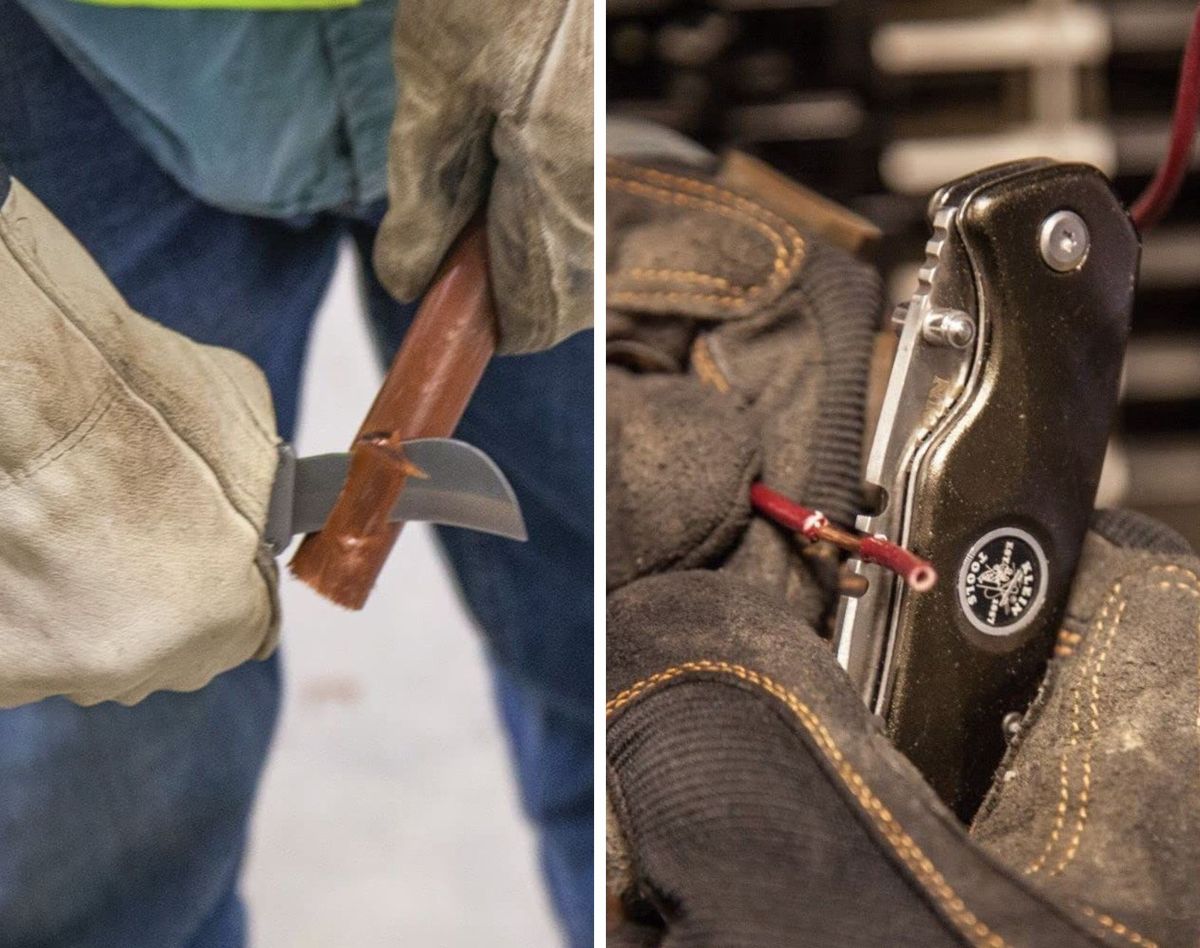 A man using a hawk bill knife to strip wire and a man using another knife to strip smaller wire in up close in his hands