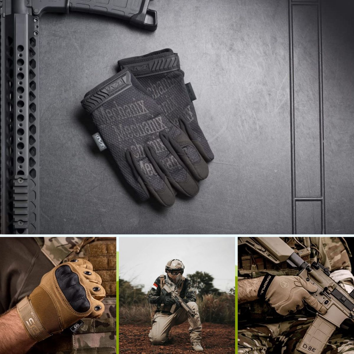 4 different pictures of modern tactical gloves, 2 black and 2 tan with guns and soldiers.