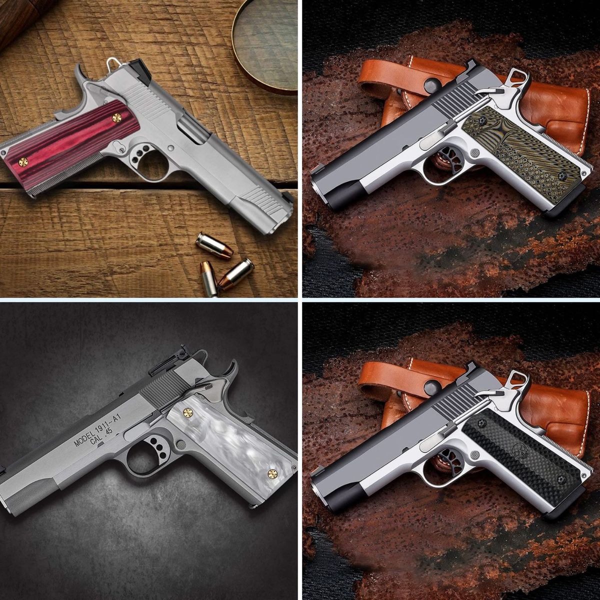 1911 grips on 4 different guns, carbon fiber, G10, polished wood, and imitation pearl grips.