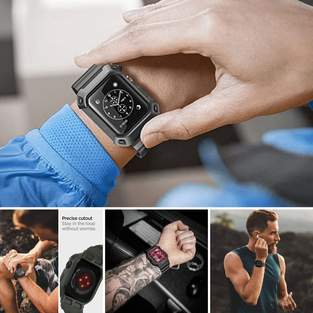 The Apple Smartwatch shown in 4 different models of Tactical Watch Bands.