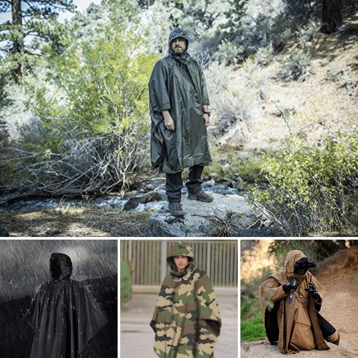 Men wearing different tactical ponchos in varying colors and settings.