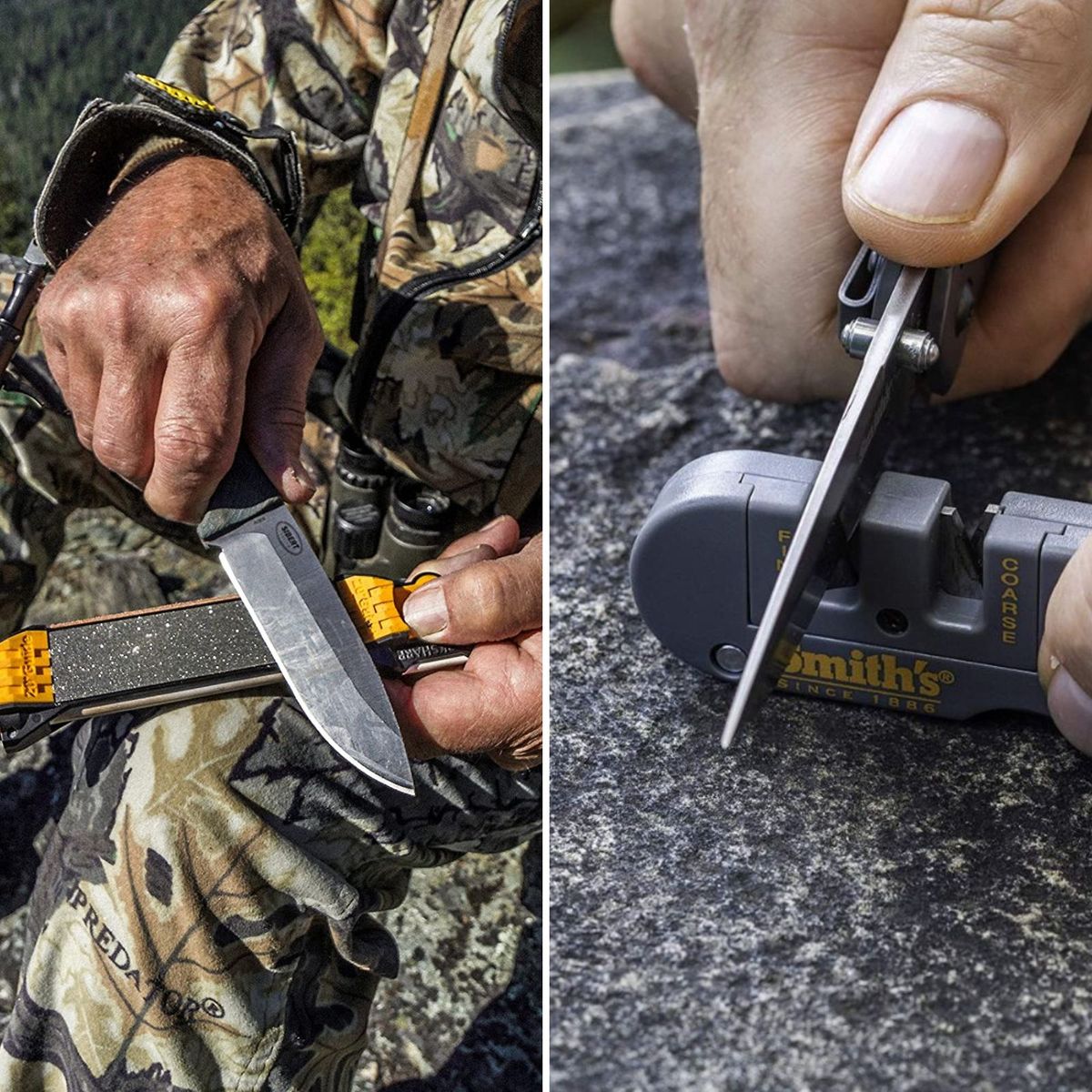 Men using pocket knife sharpeners on a hunting knife and a pocket knife