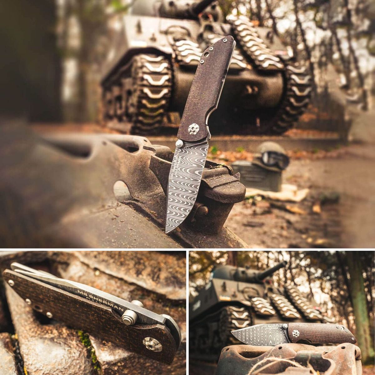 The Manukaftur by BÖKER in different views alongside a WWII Tank like the salvaged steel is taken from to make the knives