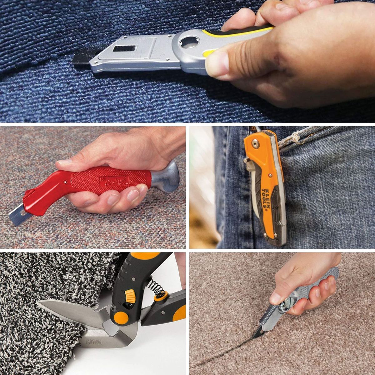 Five styles of carpet knife being used or shown cutting various types of carpeting and flooring