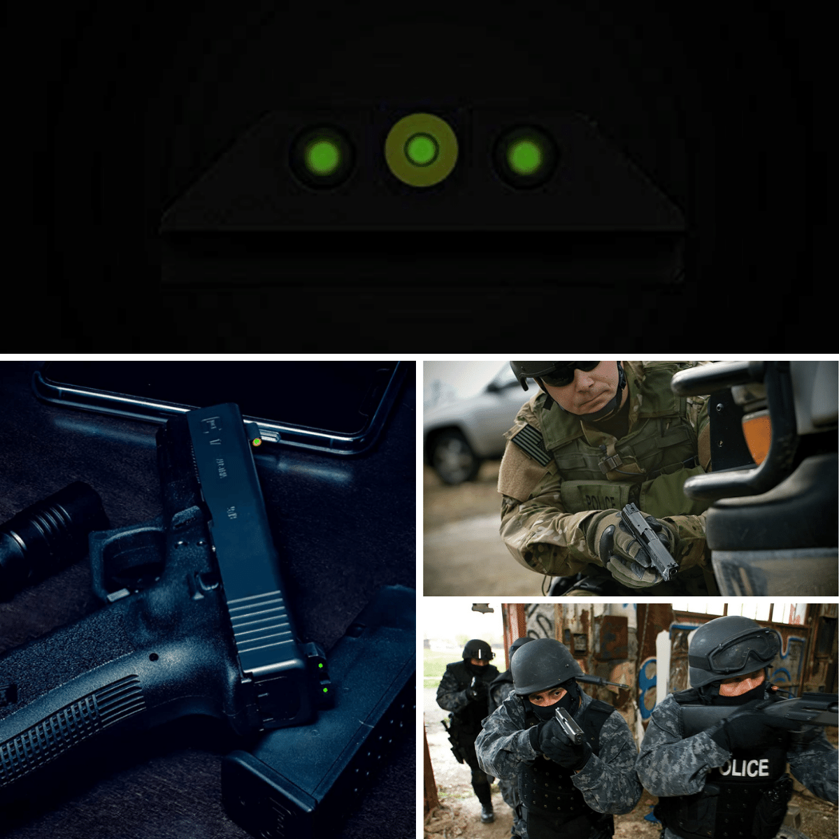A closeup of a set of night sights, a Glock with night sights and 2 pictures of Glocks being used in tactical situations