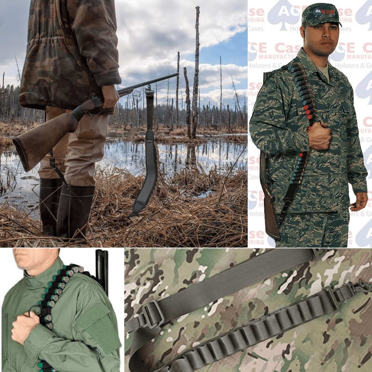 A hunter walking through watery brush and others holding their well slug shotguns