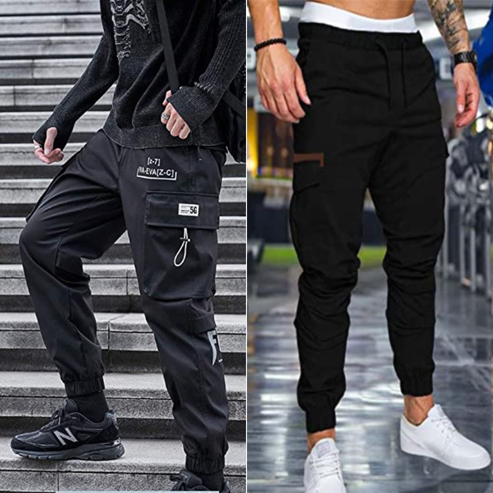 Two different pictures of black jogger pants for the person wanting comfort and still have their EDC gear