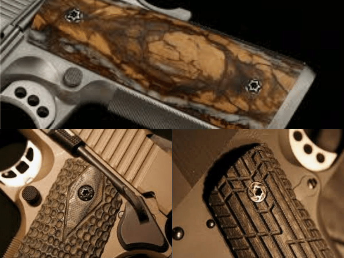 Three different guns showing different style grip screws in closeup pictures