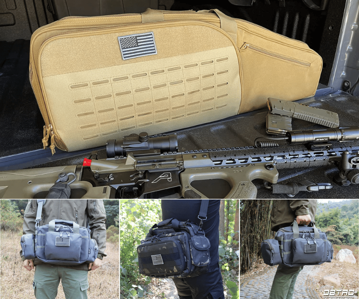 Three different size and color range bags and a desert tan rifle range bag shown with an AR15 in front.