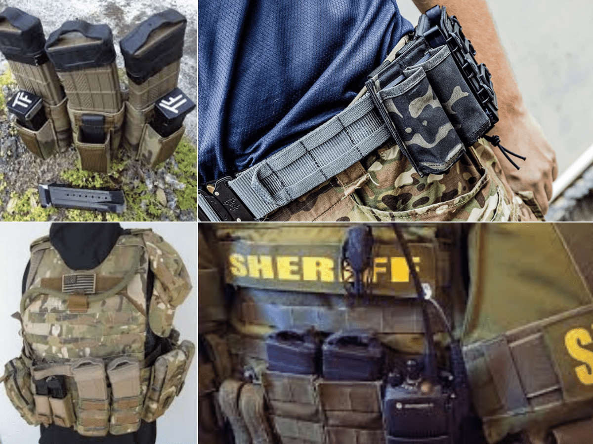 4 pictures of Kydex MOLLE attachments for radios, magazines, and other important gear for EDC