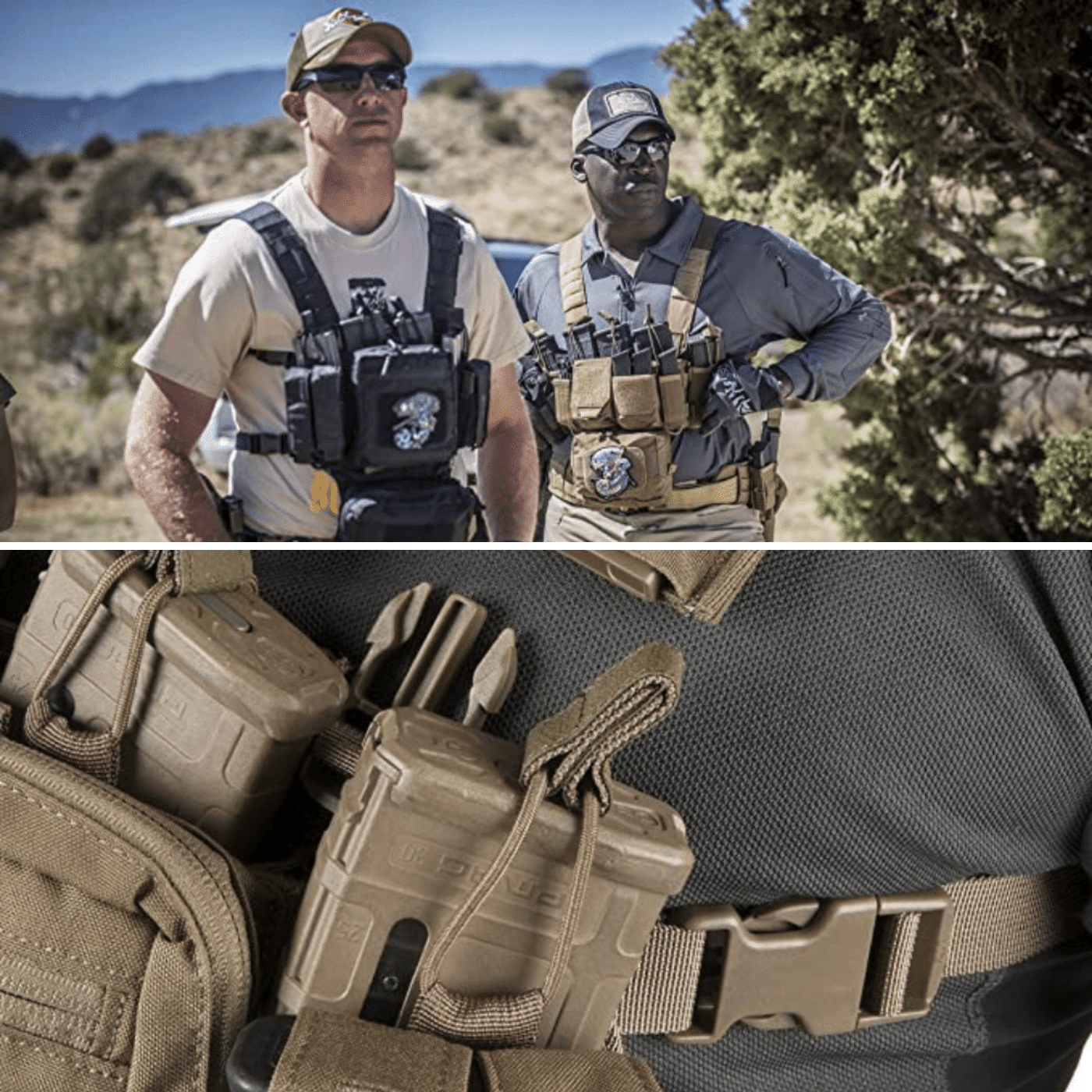 Men wearing desert tan tactical chest rigs loaded with gear.