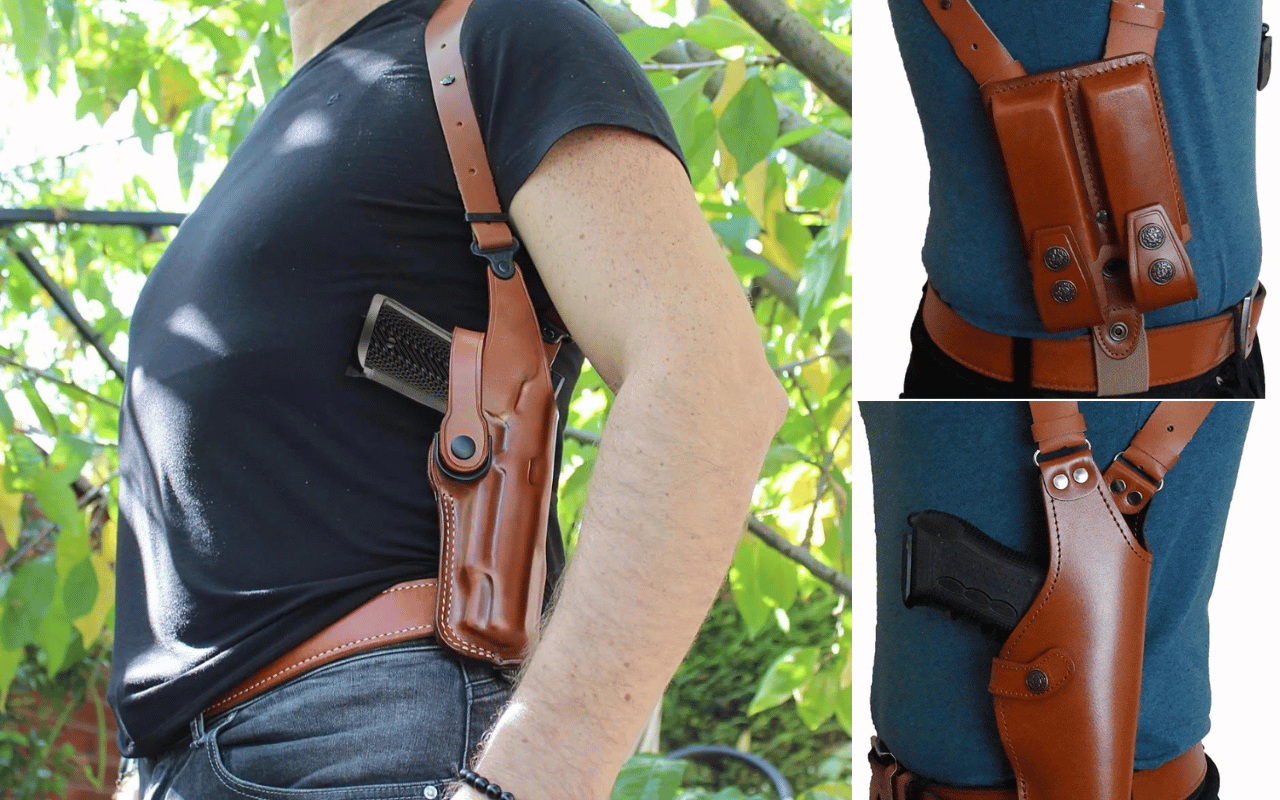 Three pictures of men wearing their vertical shoulder holsters with guns and mags installed 