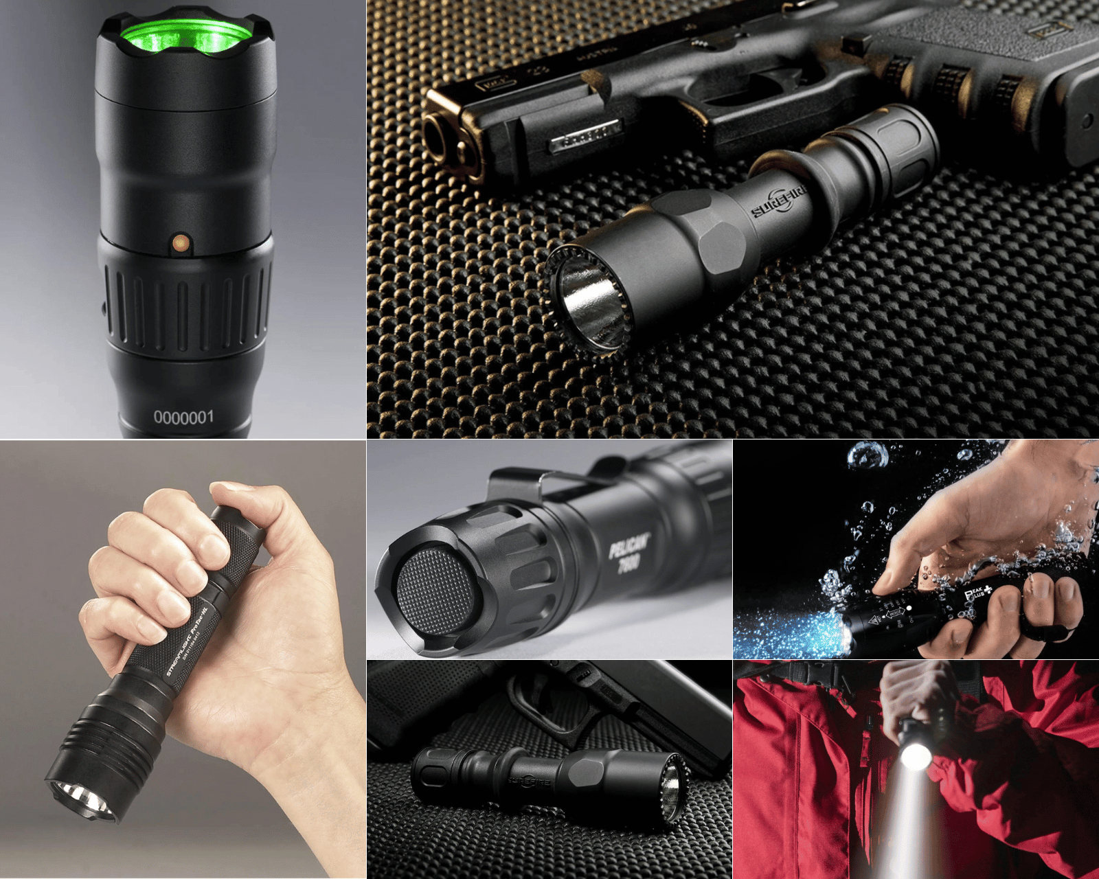 Seven pictures of tactical flashlights in use, underwater, with guns, and feature details