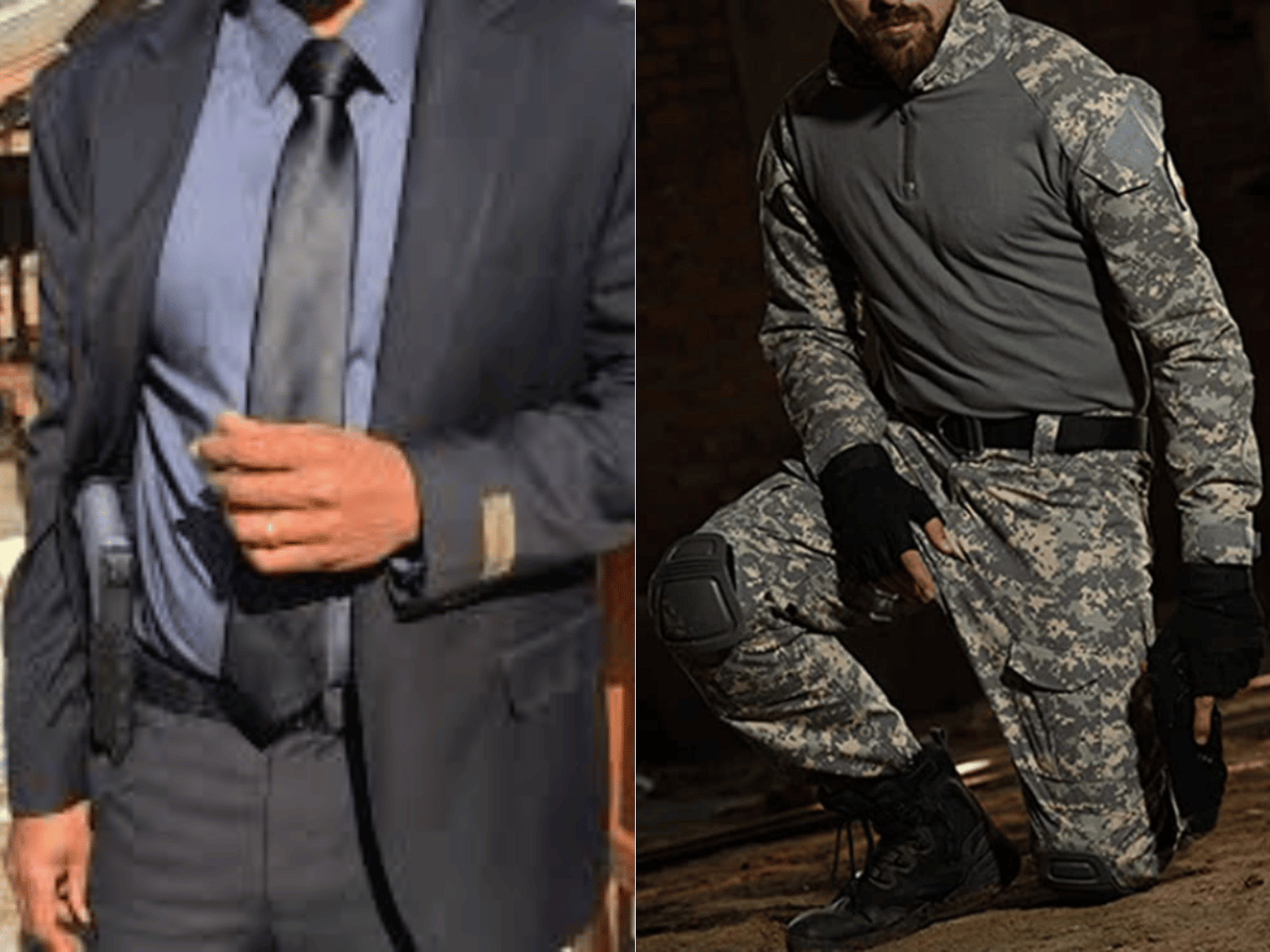 A tactical suit for formal wear and one for combat, camo with kneepads and a military belt and hiking boots.