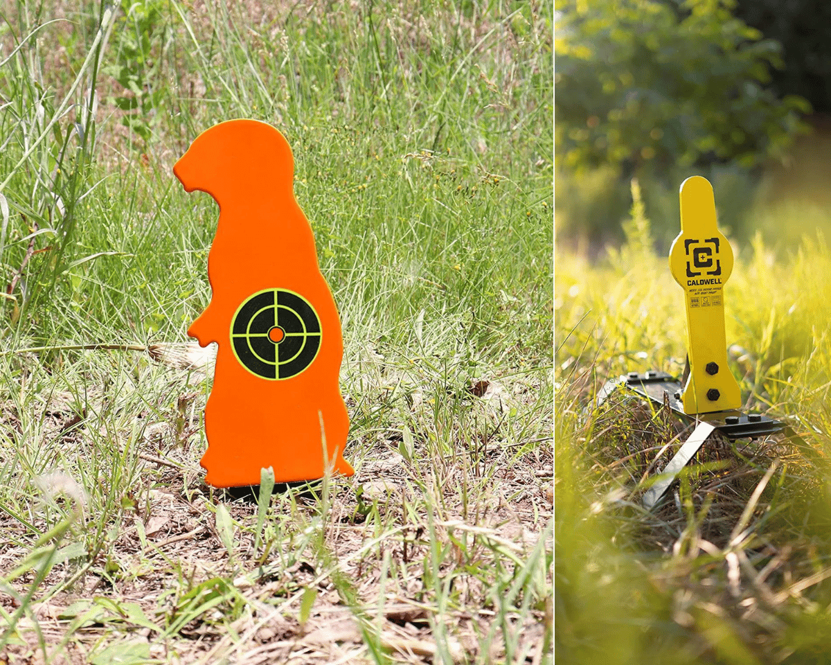 An orange praire dog small bore and yellow AR500 large bore steel targets, both setting in grass, the prairie dog is hidden 