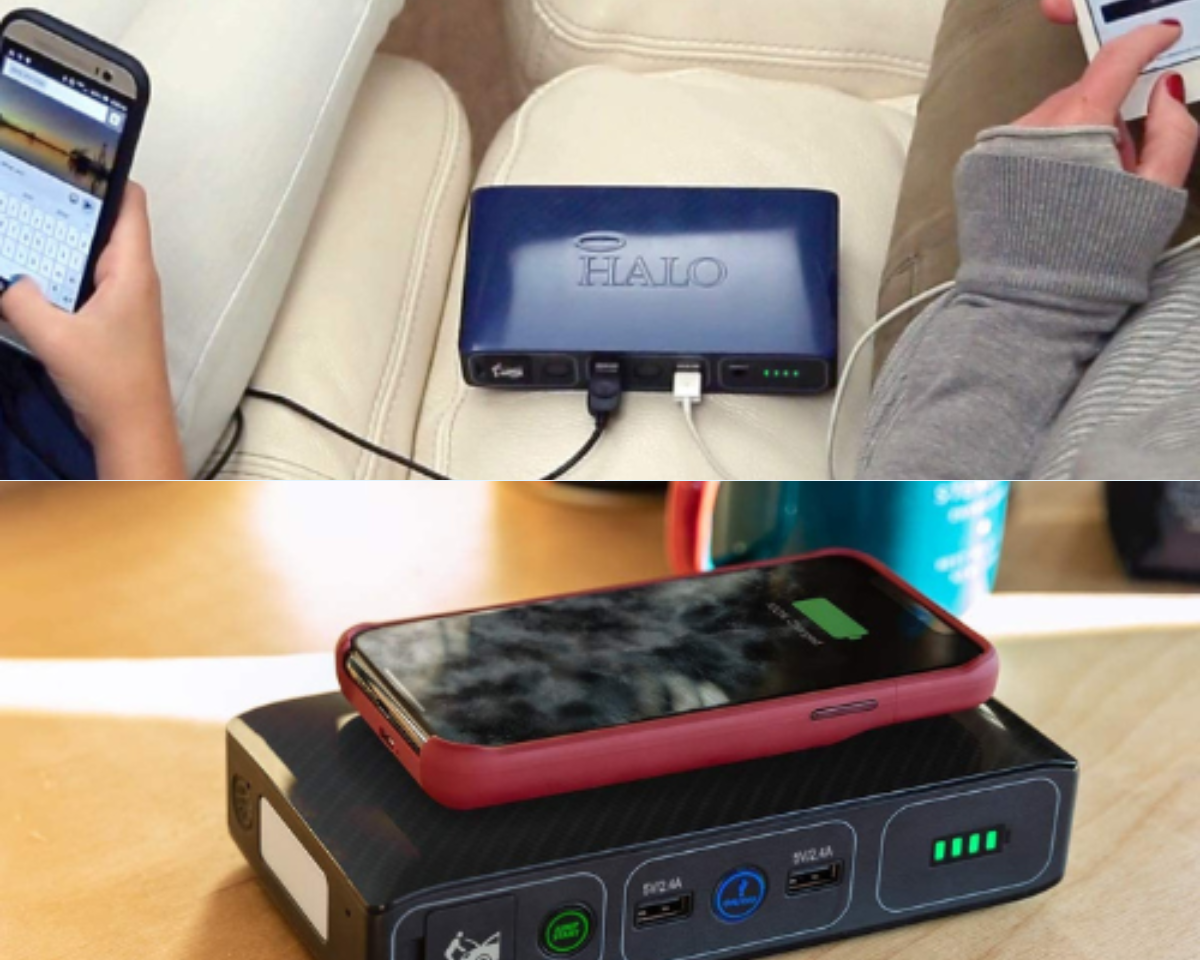 2 different Halo power stations, 1 is being used by 2 people on phones, and the other has a fully charged phone laying on top