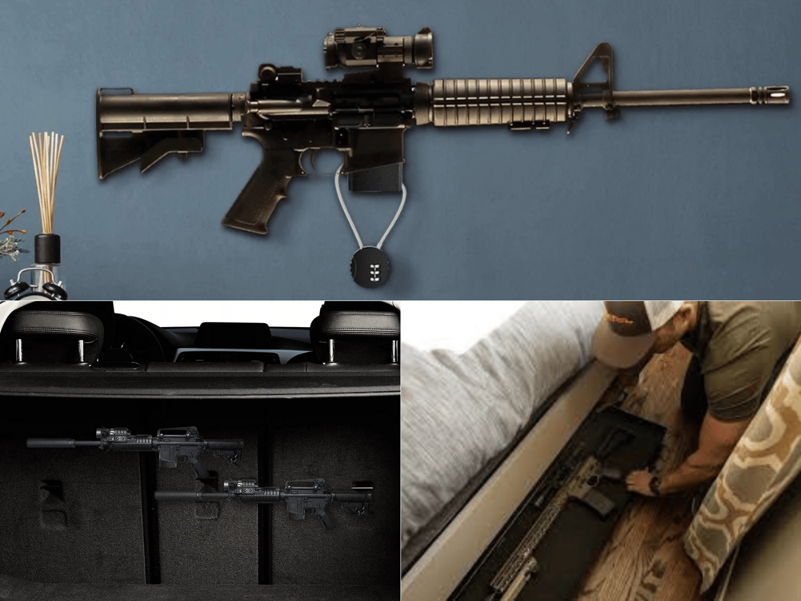 AR15's mounted on a wall, on the back seat of SUV, and under a bed. All stored safely and secure.