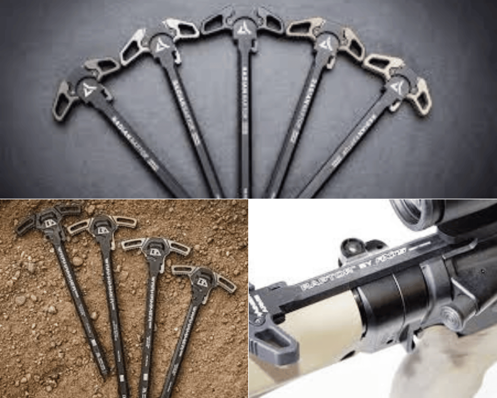 2 pictures showing a brand each in all the different variations made and 1 with a Raptor Charging Handle in a rifle