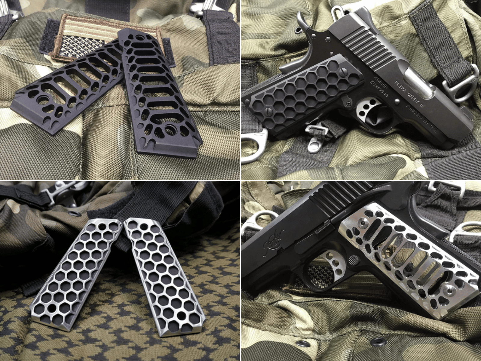 2 designs, 2 sizes of skeleton grips in raw and black shown on guns and off of guns