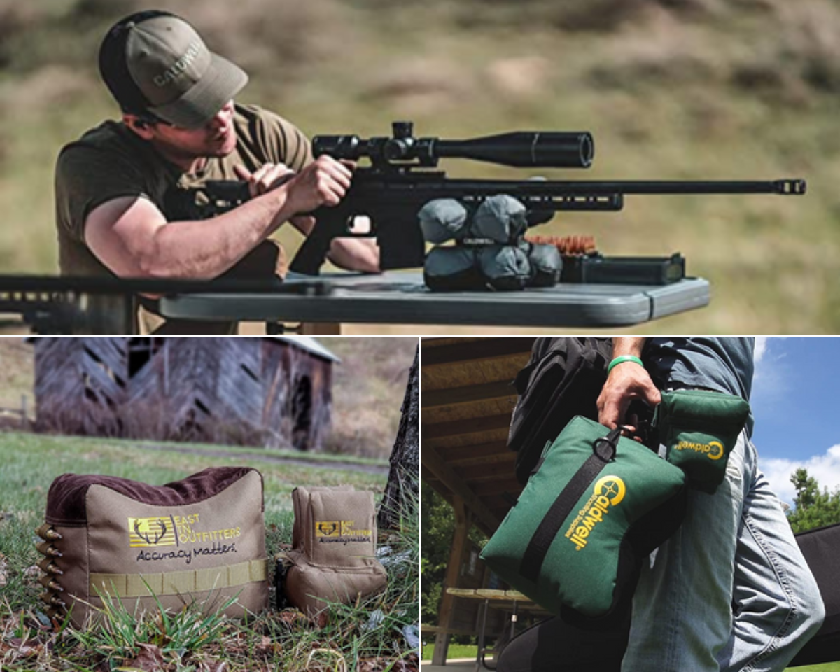 3 sets of bags, a man carrying a green set from the range, a brown set on the ground, and a rifle shooting from an X b