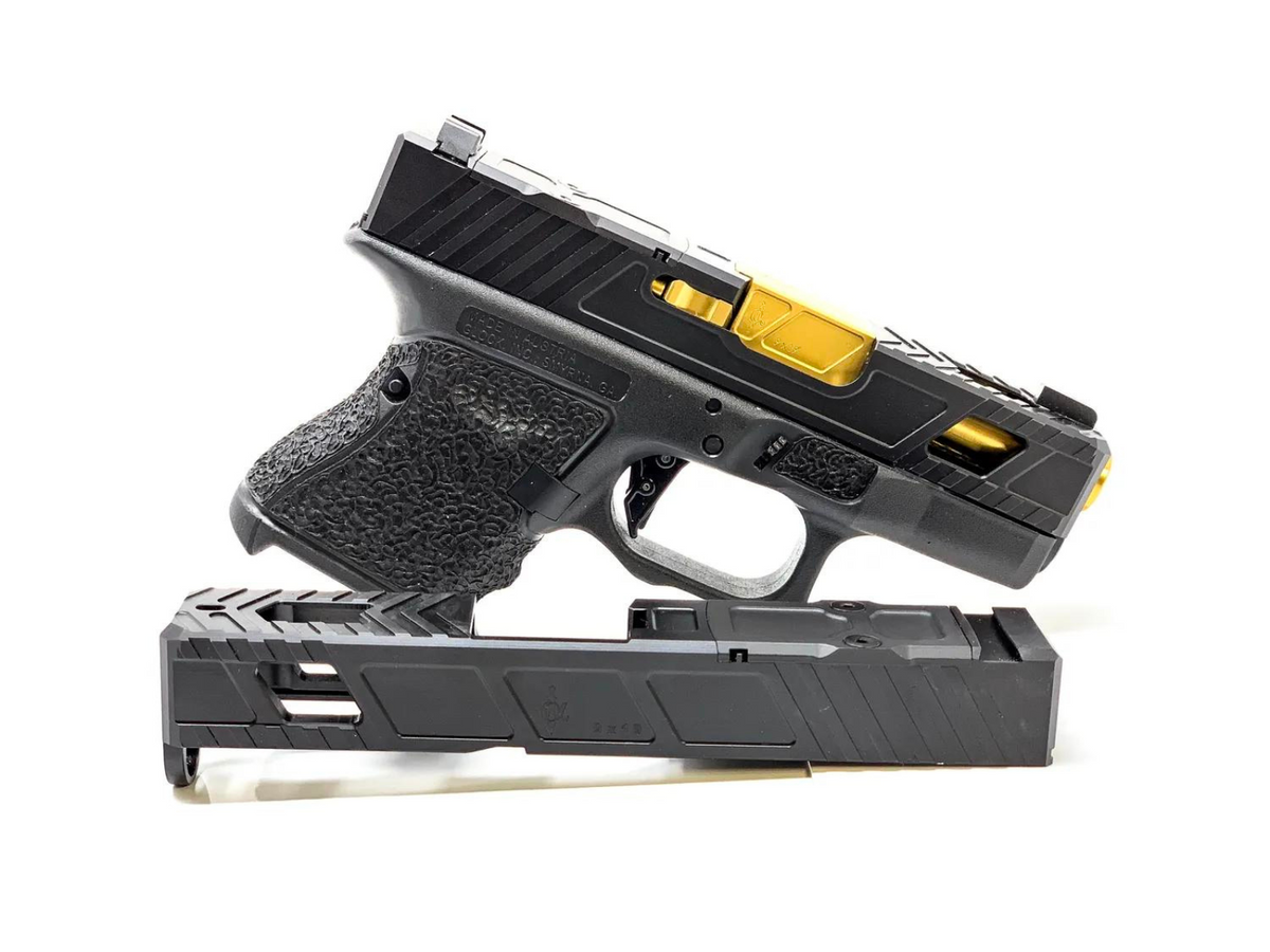 A Glock 26 shown with an aftermarket slide and barrel and custom grip texturing.