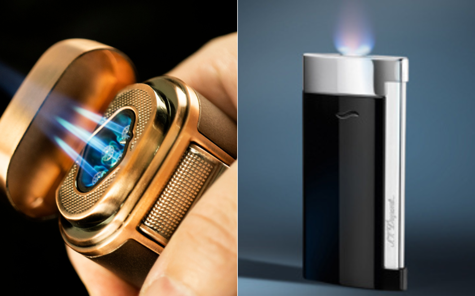 A hand holding a gold triple flame lighter and a slim black and silver cigar lighter on a table.