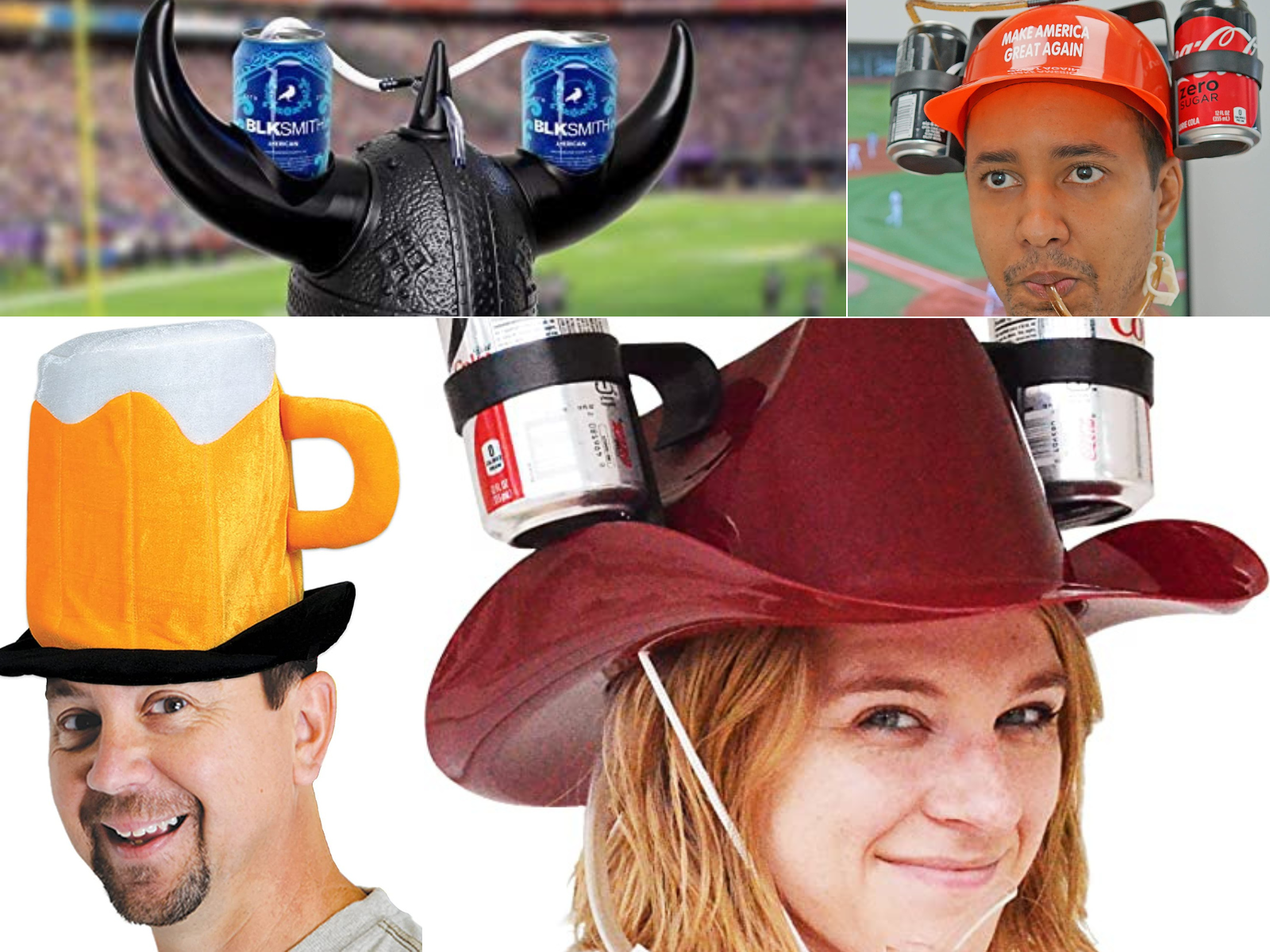 Four different designs of the beer hat, all shown on a person with beers in the hat and lots of smiles!