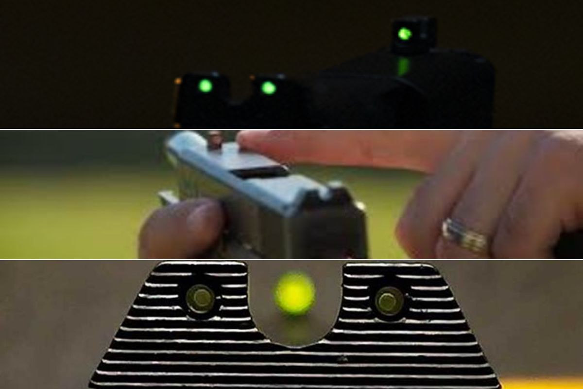 A view of three dot illumination at night, a orange dot on a locked open Glock, and the U Notch rear set