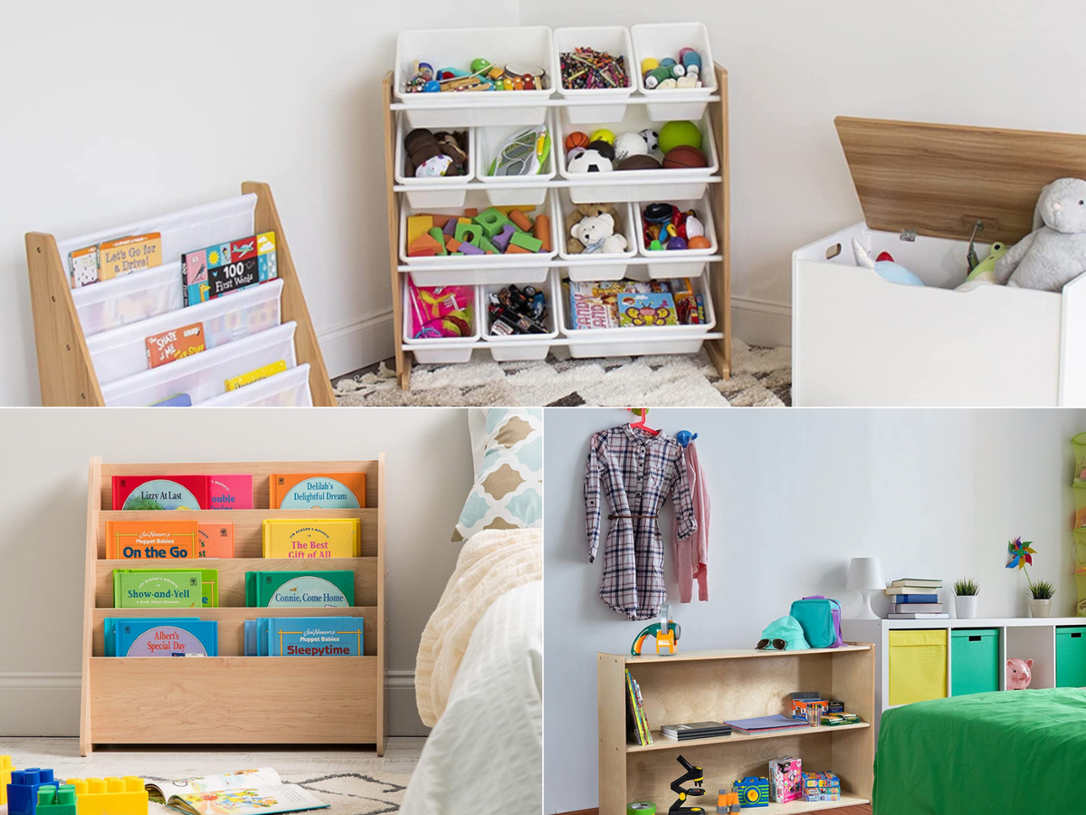 3 different uses of the Montessori bookshelf, all in children's rooms with books and toys in them.