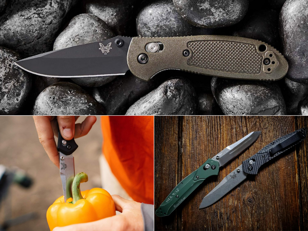 A black bladed Benchmade on black rocks, a man cutting an orange pepper, and 2 different Benchmade 940's on wood.