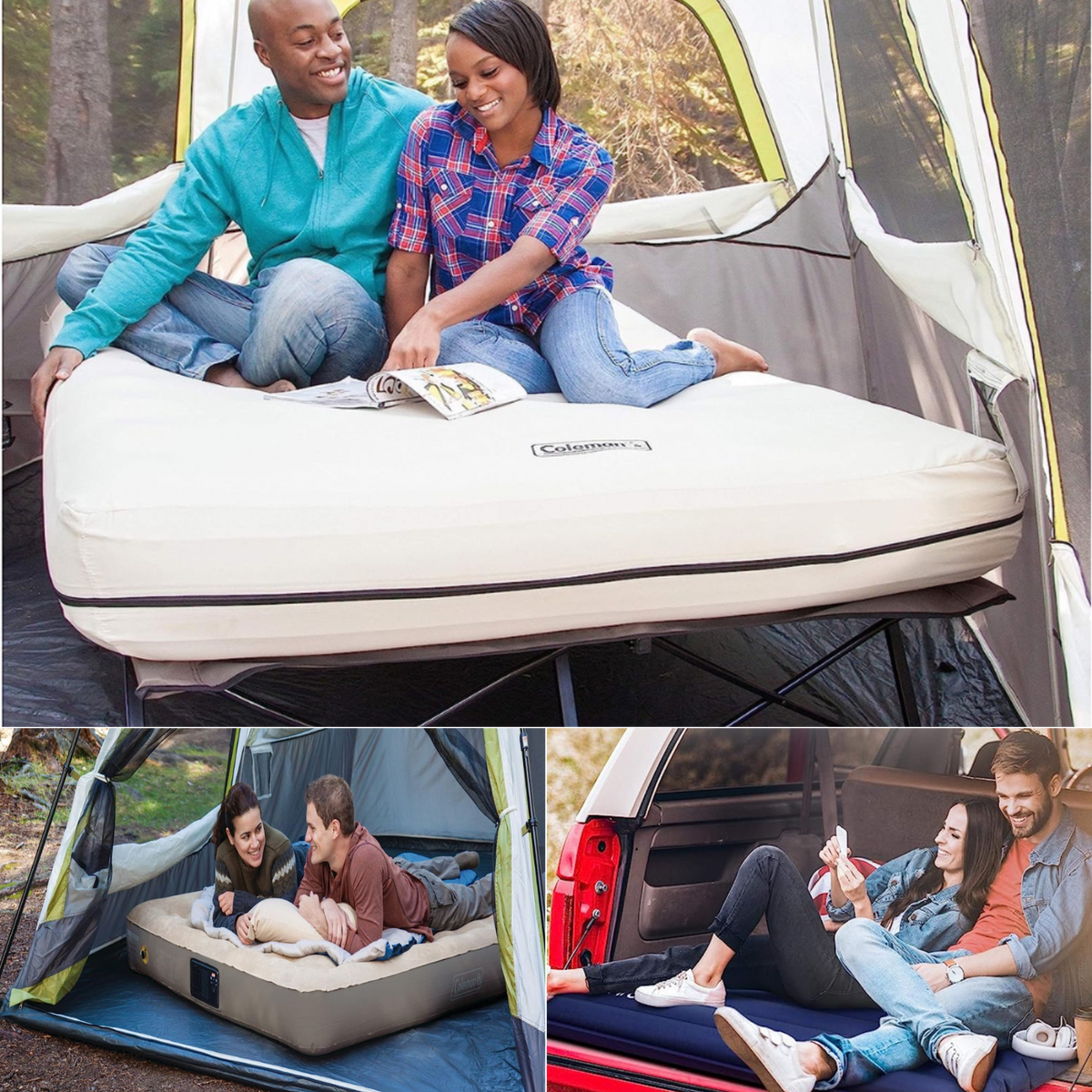 Three different pictures of couples sharing Camping Queen Cots, in tents and in the back of a truck.