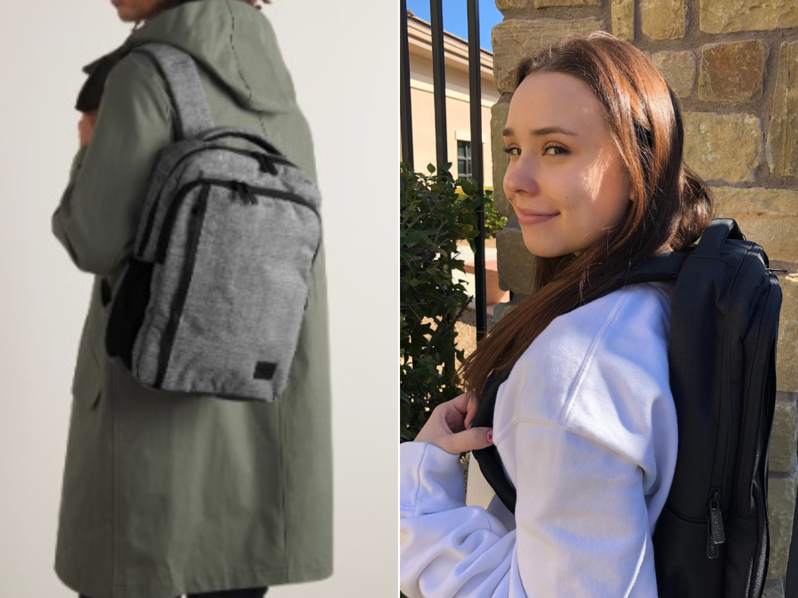 A woman carrying a daypack over 1 shoulder and another woman wearing the daypack like a backpack.