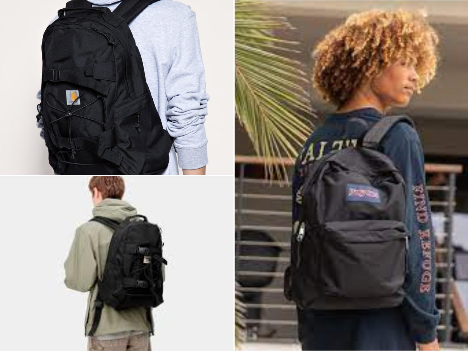 3 pictures of men wearing black backpacks from JanSport, Carhartt, and SwissGear.