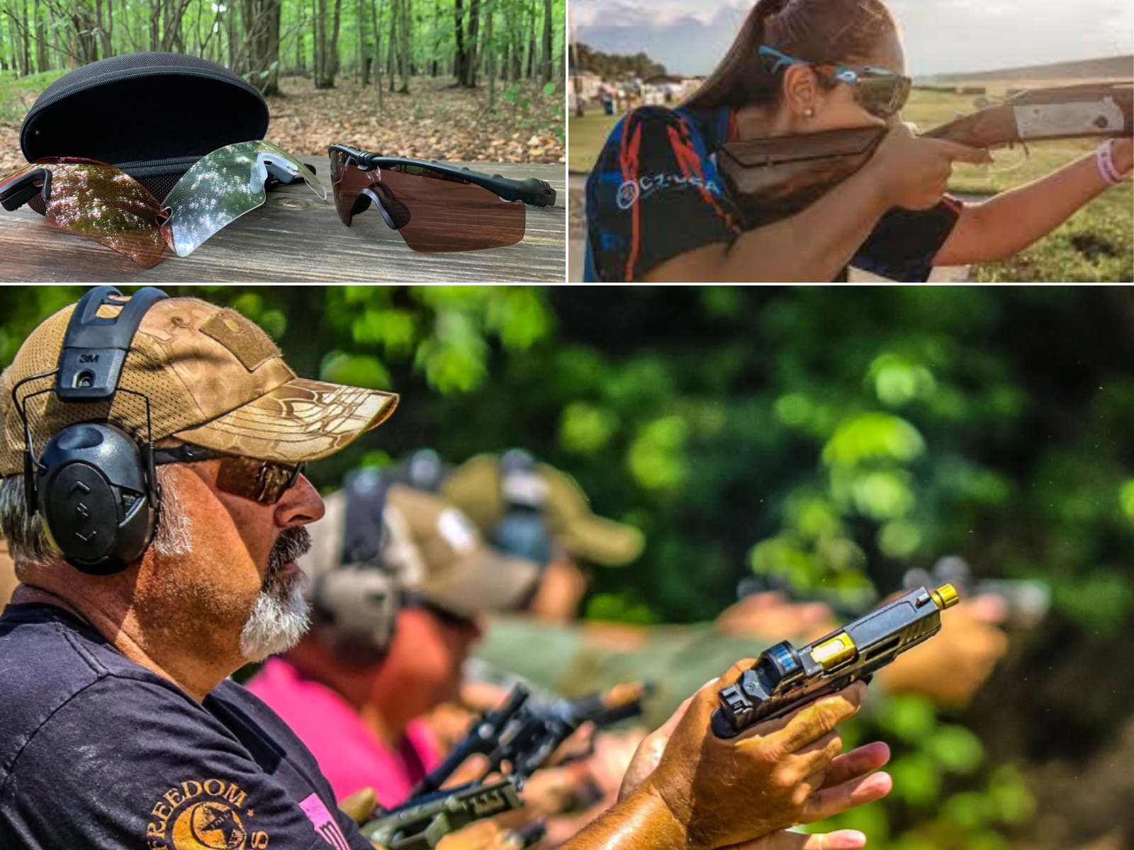 A pair of Oakley Shooting Glasses on a bench, a woman shooting a shotgun and a man shooting a pistol wearing Oakley's.