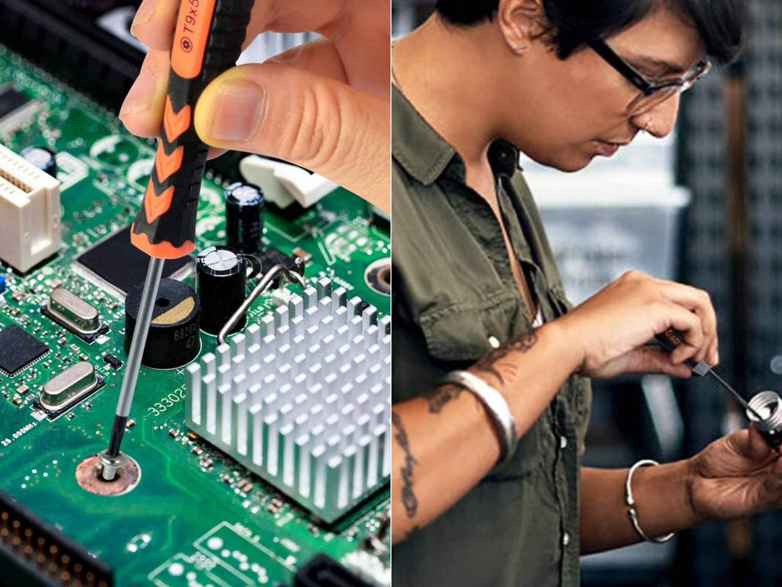 A Torx screwdriver being used on a printed circuit board and another one being used on something in the person hand.