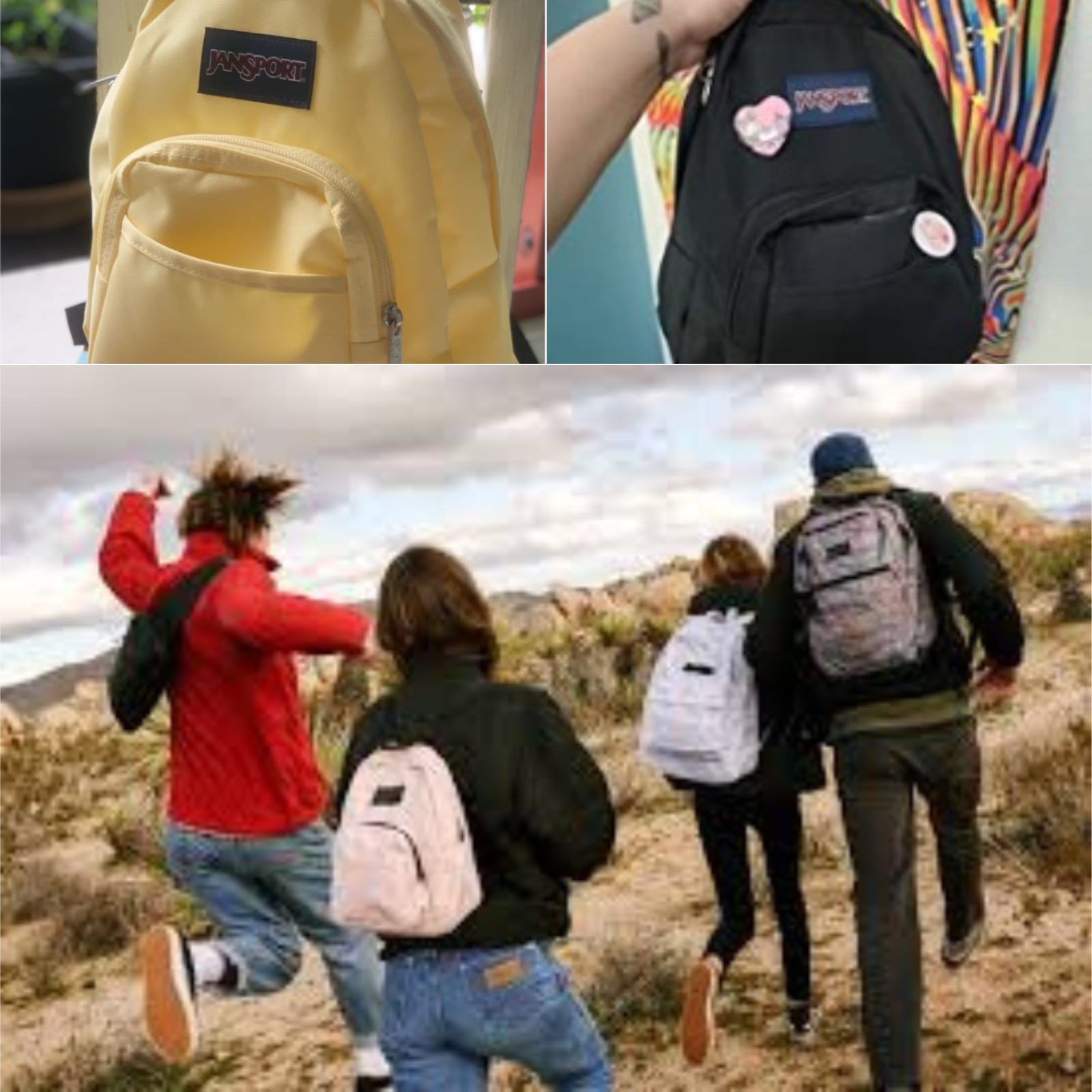 2 Mini backpacks showing different colors and a family running across a beach wearing Jansport.