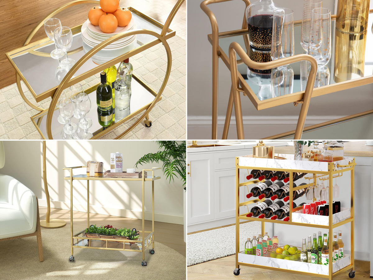 4 different Gold Bar Carts shown being used in a home setting.