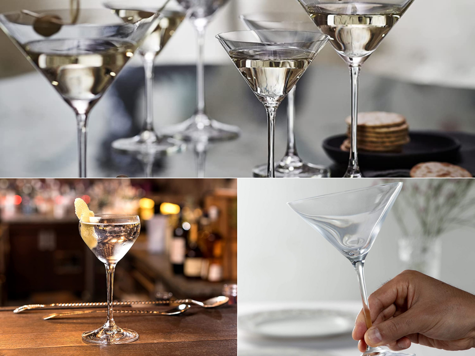 Martini glasses shown 3 ways, both full and empty with 1 being held by someone.