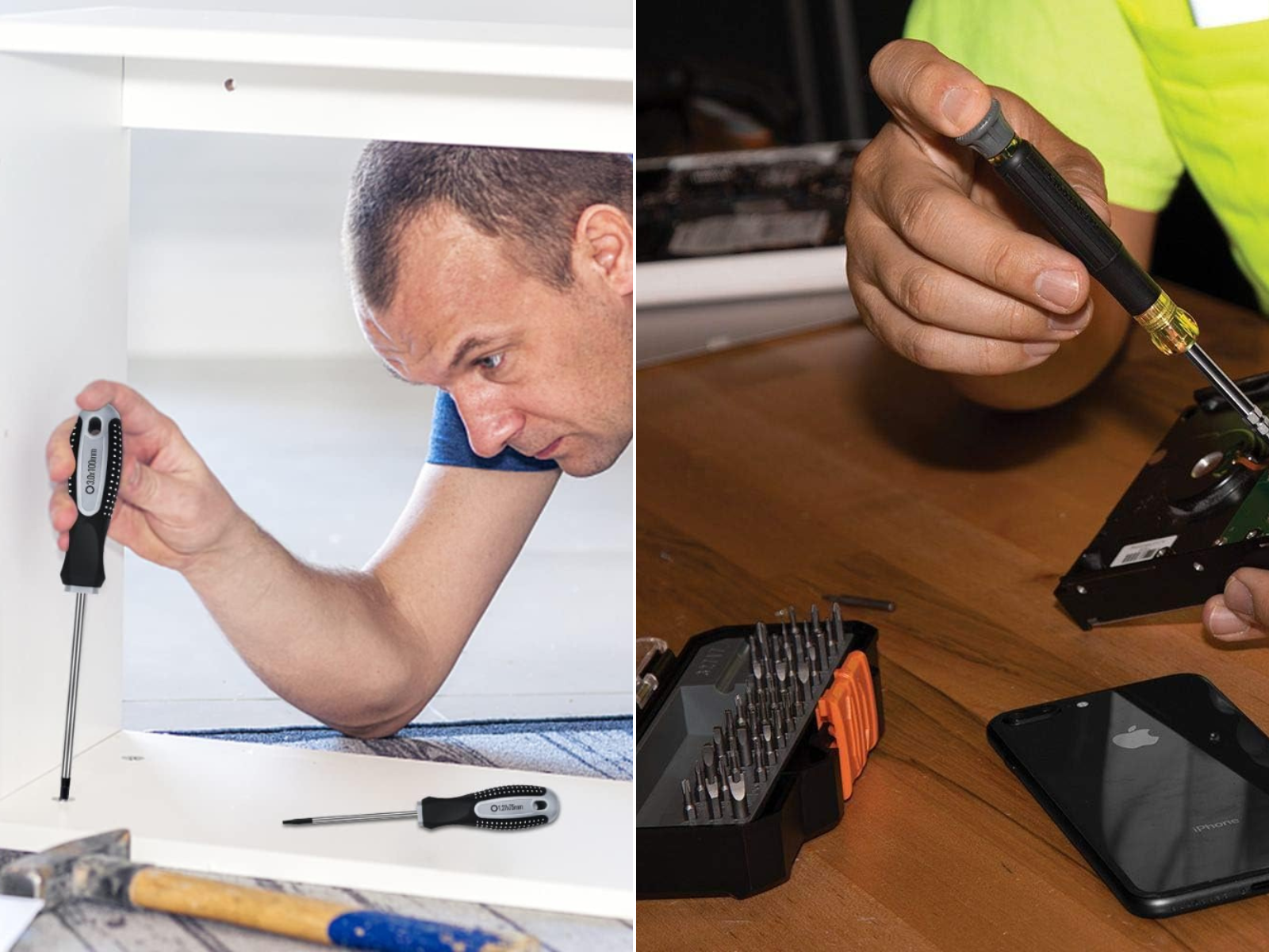 One man using a hex screwdriver to put together a shelf and another is working on a computer hard drive.