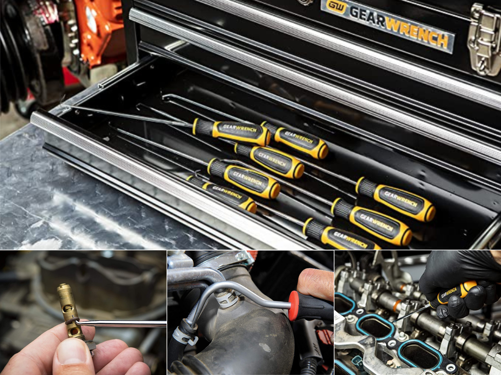 Four examples of the Gearwrench picks being used and diplayed in a tool box