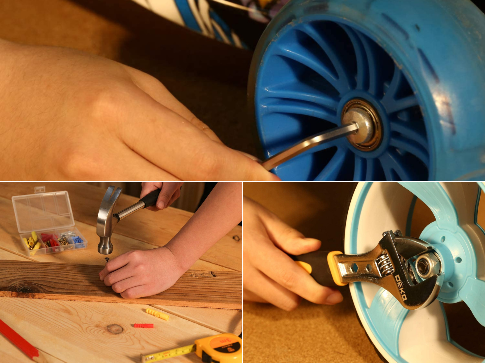 A person hammering a nail with a tape measure on board, they tighten 2 different kinds of tools.