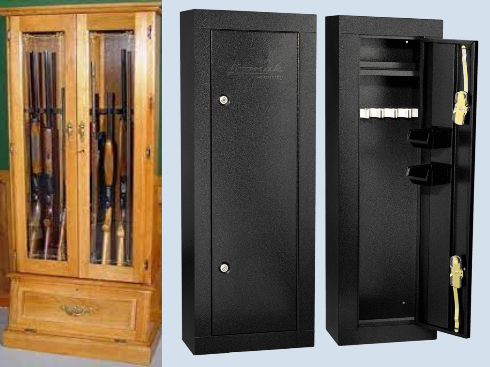 A wood gun cabinet full of guns and a steel gun cabinet showing the interior and exterior.