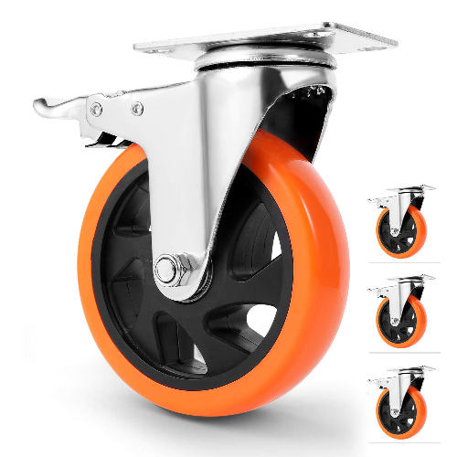 An orange tool box wheel with a black 6 hole center.