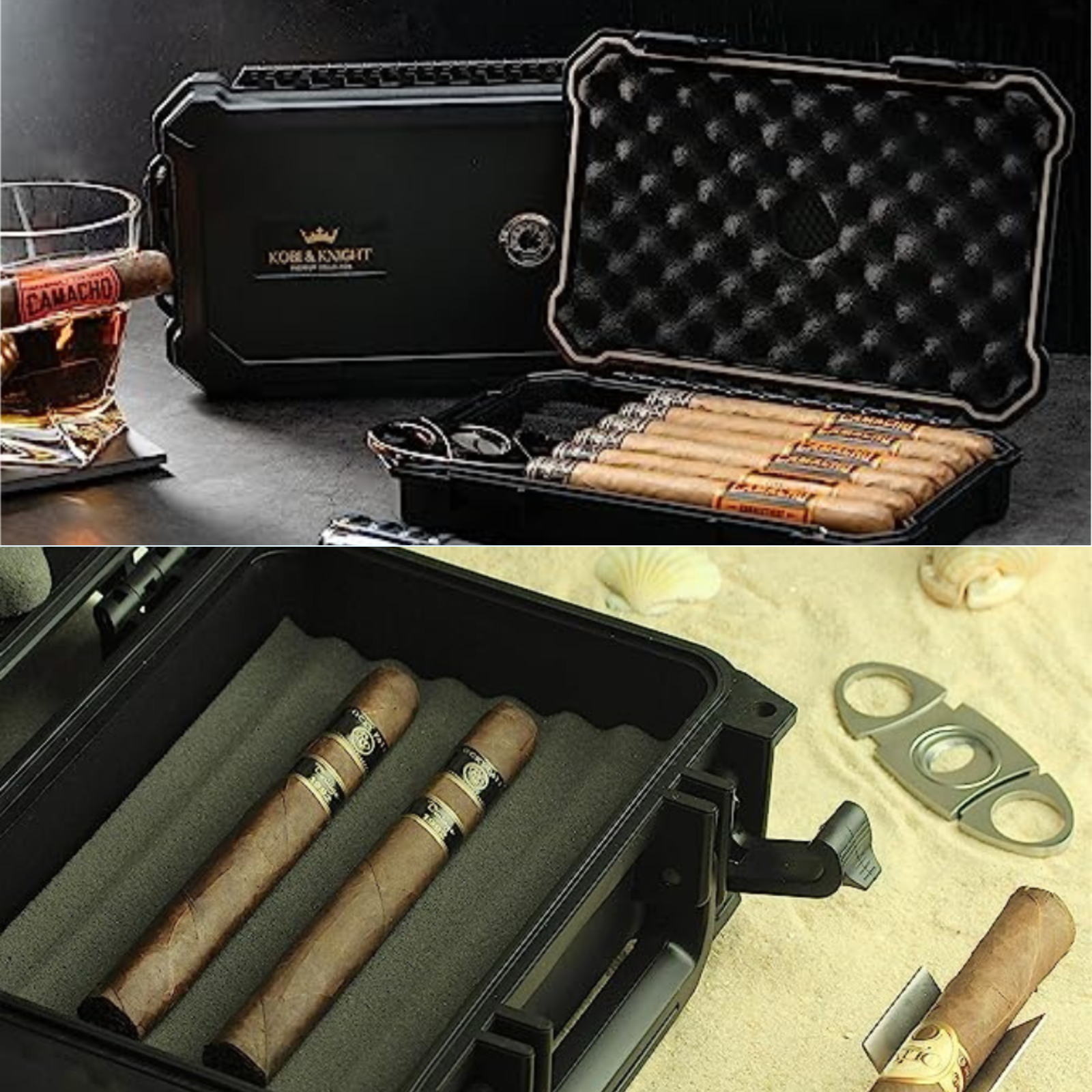 Humidors shown with cigars, lighter, cutter and a whiskey glass half full!